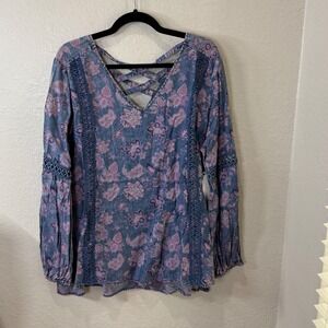 Standard Grace Floral Lyocell Blouse Blue Purple Large Fairy Cottagecore NWT